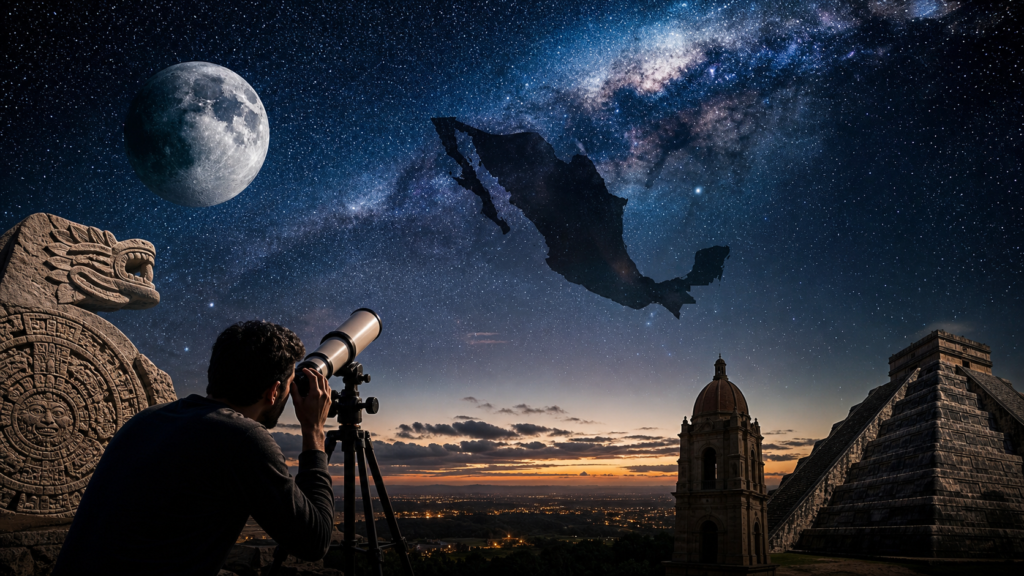 Observador mexicano con telescopio frente a la Luna y un cielo estrellado sobre paisajes culturales de México.
