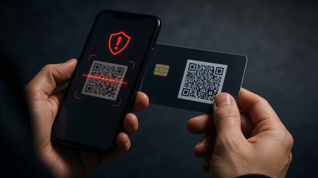 Teléfono móvil mostrando un código QR sospechoso junto a una tarjeta bancaria y una pantalla de alerta.